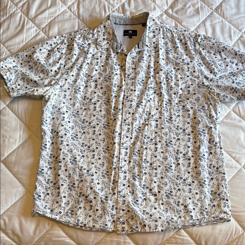 Michael Brandon White and Blue Leaf Print Shirt